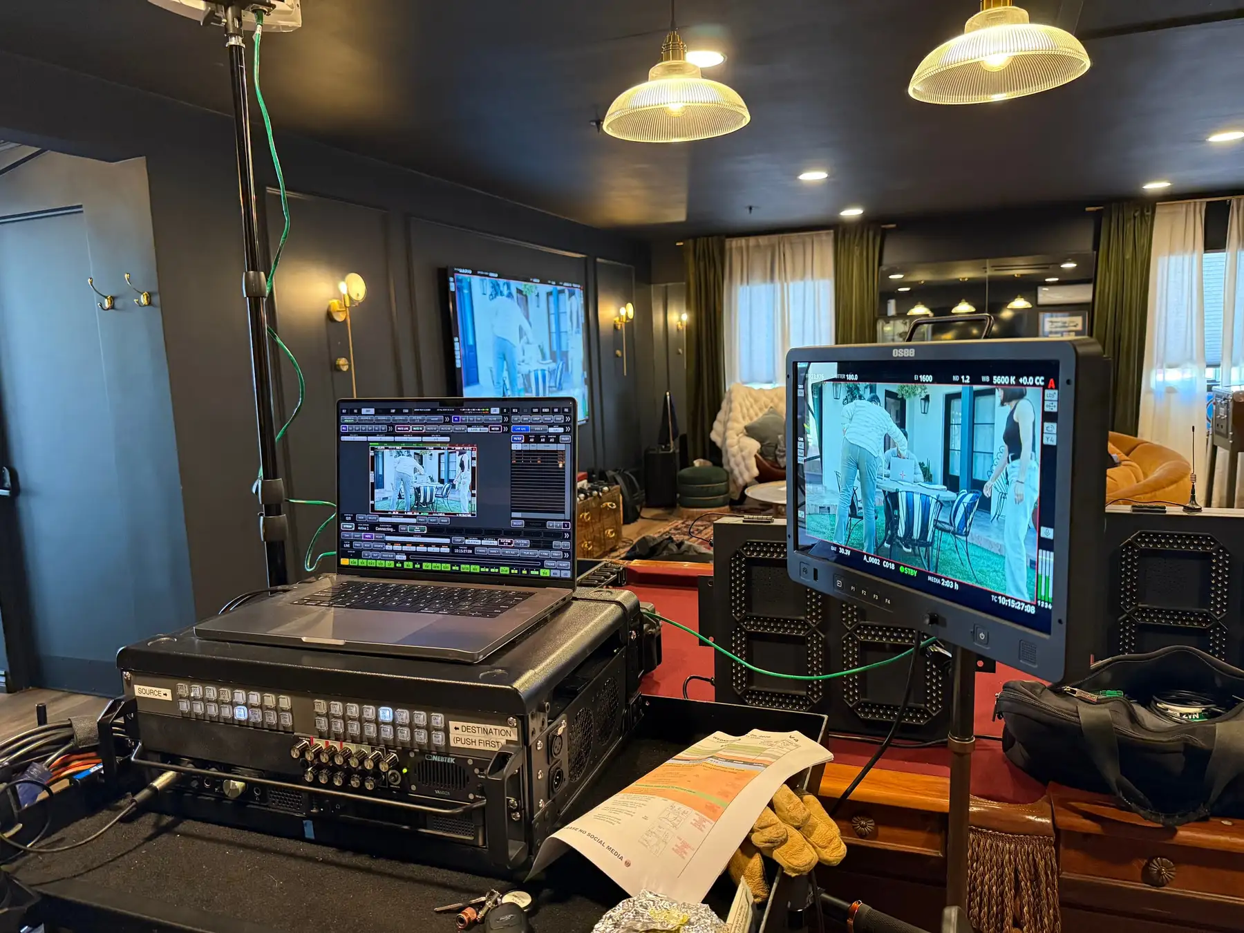 Cabling and power distribution running from a video-assist cart to camera positions.