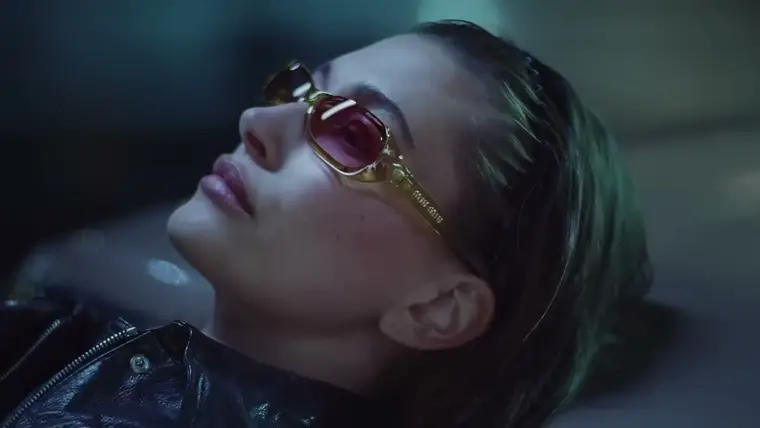 Frame from the Miu Miu × Hailey Bieber commercial